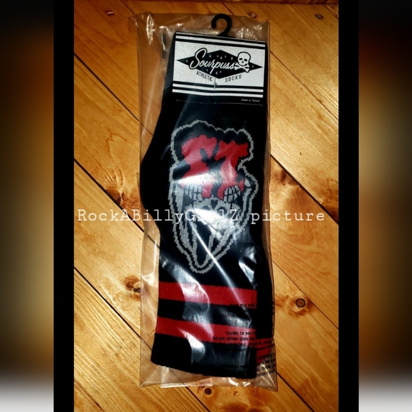Sourpuss Grim Reaper Lucky 13 Vintage Tattoo Flash Red Double Stripe 16" Socks - Picture 2 of 5